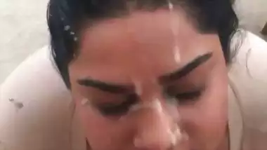 Big boob babe takes thick Indian cum in mouth